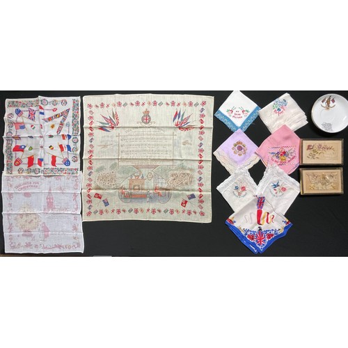 3133 - WWI British silk handkerchiefs; framed silk postcards x 2, Territorial Army commemorative china saus... 