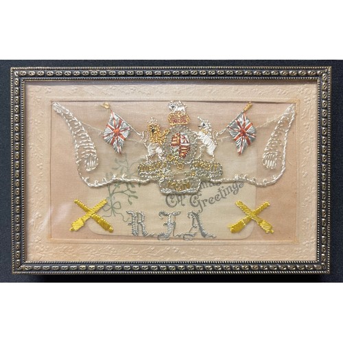 3133 - WWI British silk handkerchiefs; framed silk postcards x 2, Territorial Army commemorative china saus... 