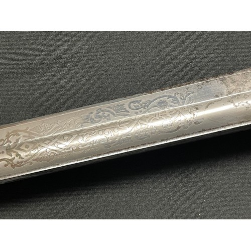 3140 - WW1 British Royal Artillery Officers Sword with single edged fullered blade with etched decoration t... 