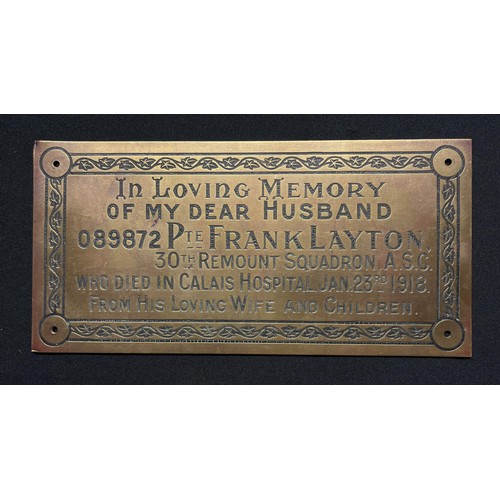 3142 - WW1 British Memorial Plaque to 089872 Pte Frank Layton, 30th Remount Squadron, Army Service Corps re... 