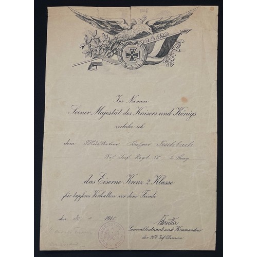 3164 - WW1 Imperial German Iron Cross 2nd Class Citation dated 30th April 1918 to Musketeer Fischbach, Rese... 