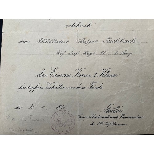 3164 - WW1 Imperial German Iron Cross 2nd Class Citation dated 30th April 1918 to Musketeer Fischbach, Rese... 