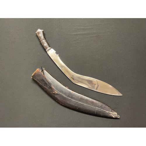 3171 - Gurkha Kukri knife with large 44cm long single edged bright steel blade. Punch marked decoration to ... 