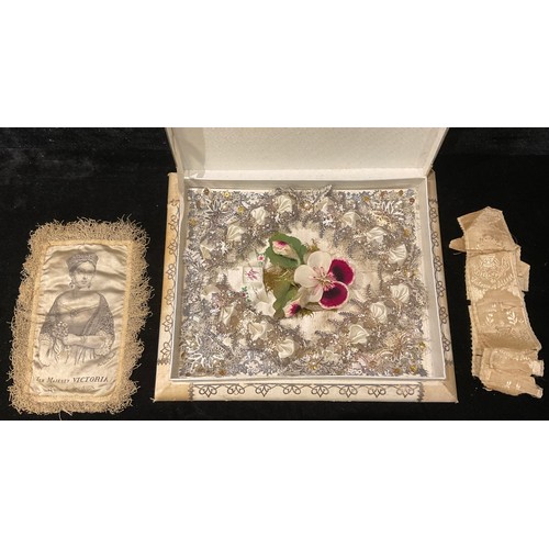 456 - A Victorian Valentine box, enclosing a floral display, the ribbon inscribed True Love, 30cm x 25cm; ... 