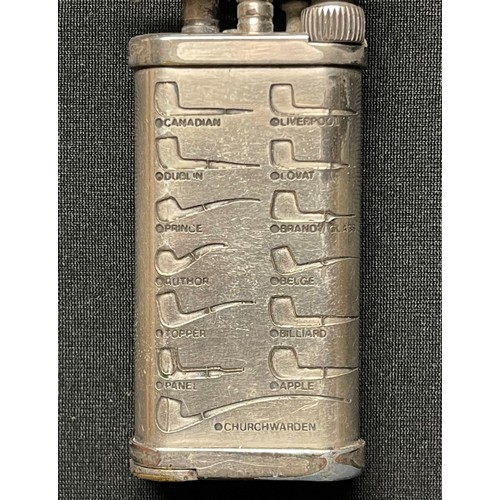 462 - A pipe lighter, engraved with various pipe profiles, removeable tamping tool, with pouch, Corona, Ja... 