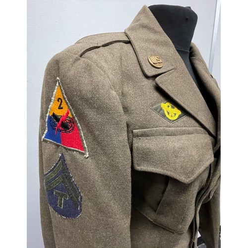 3224 - WW2 US Army Armoured Corps Ike jacket with originally sewn insignia: T5 rank stripes, Overseas servi... 