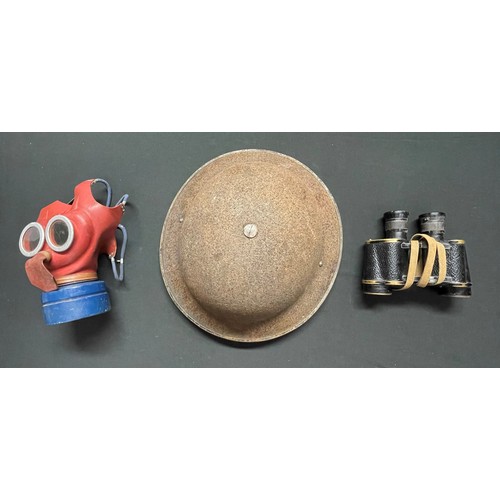 3237 - WW2 British Steel Helmet with liner and chinstrap: WW2 British Binoculars, Prism, No2 MKII, maker ma... 