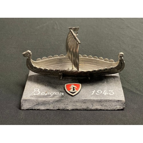 3290 - WW2 Third Reich 11th U Boat Flotilla Desk Ornament comprising of a metal Viking Long Ship on a stone... 