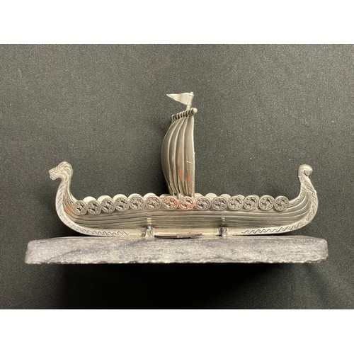 3290 - WW2 Third Reich 11th U Boat Flotilla Desk Ornament comprising of a metal Viking Long Ship on a stone... 