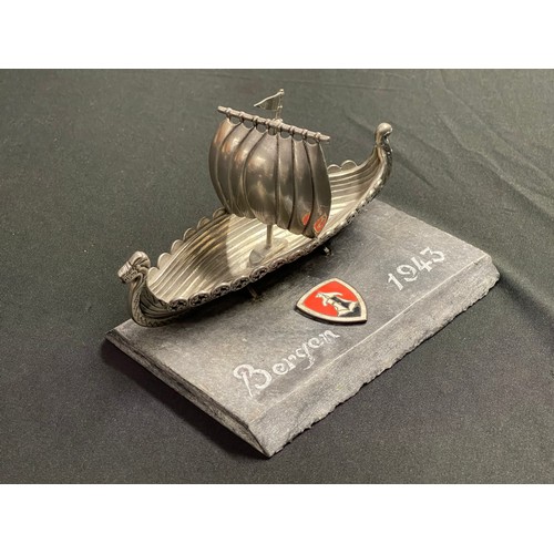 3290 - WW2 Third Reich 11th U Boat Flotilla Desk Ornament comprising of a metal Viking Long Ship on a stone... 