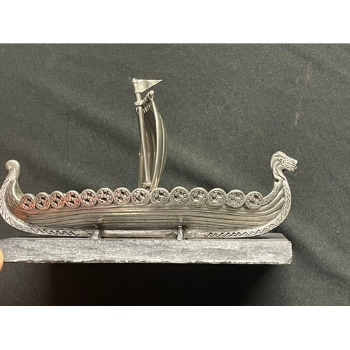 3290 - WW2 Third Reich 11th U Boat Flotilla Desk Ornament comprising of a metal Viking Long Ship on a stone... 