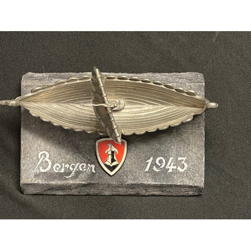 3290 - WW2 Third Reich 11th U Boat Flotilla Desk Ornament comprising of a metal Viking Long Ship on a stone... 