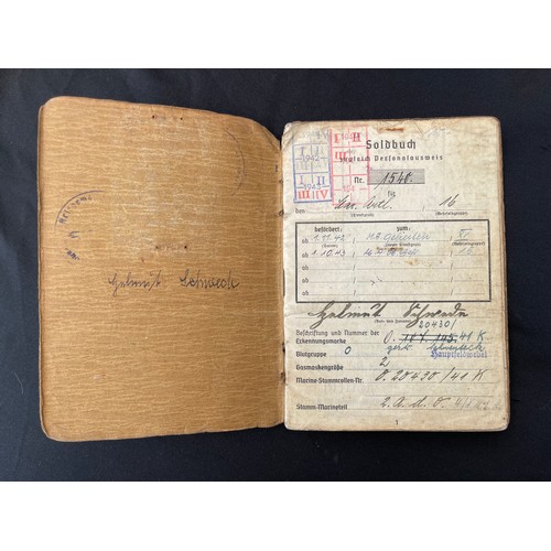 3294 - WW2 Third Reich Kriegsmarine Soldbuch to M.A. Ob. Gref. Helmet Schwed. Born 7/9/21. Served from Oct.... 