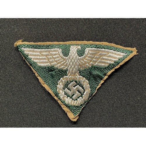 3311 - WW2 Third Reich SA Bevo machine woven flatwire cap eagle on green backing. Issued condition and remo... 