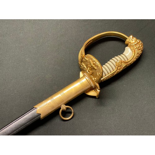 3324 - Kreigsmarine Officers Lion Head Sword with pipe backed blade 810mm in length with etched decoration ... 