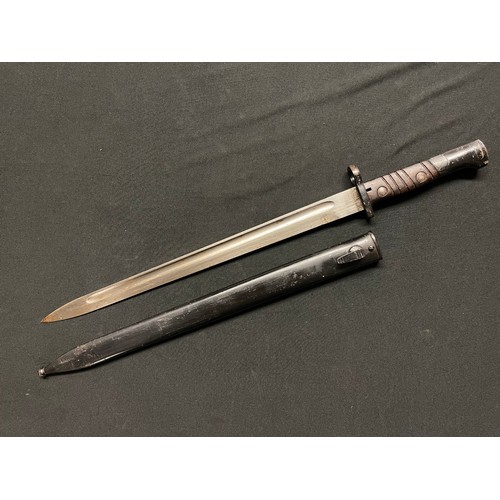 3350 - Yugoslav M24 Bayonet with single edged fullered blade 381mm in length. No markings. Wooden grip with... 