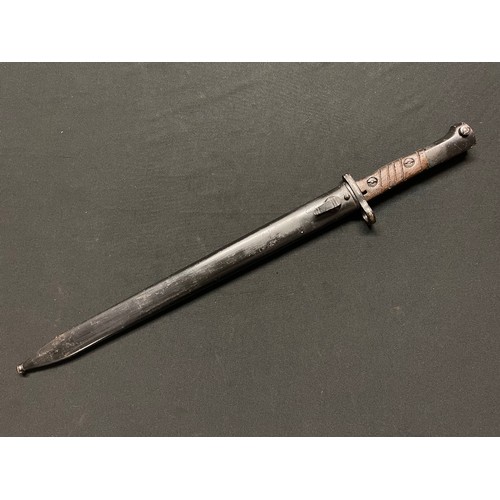 3350 - Yugoslav M24 Bayonet with single edged fullered blade 381mm in length. No markings. Wooden grip with... 