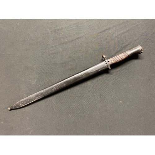 3350 - Yugoslav M24 Bayonet with single edged fullered blade 381mm in length. No markings. Wooden grip with... 