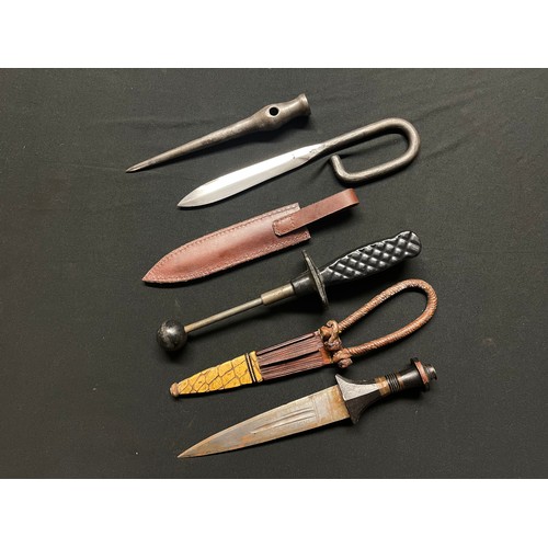 3353 - Belgian training knife with ball tip and telescopic plunger action, overall length 310mm: a Sudanese... 