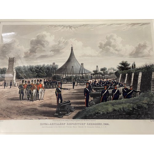 3364 - Pair of framed prints featuring the Royal Artillery. Size overall 54cm x 44cm. Royal Artillery Repos... 