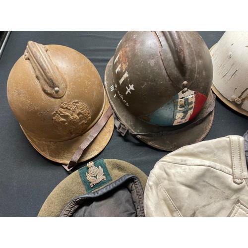 3366 - Reproduction Headgear collection to include: WW1 Russian helmet, WW2 French FFI Helmet, Danzig Polic... 