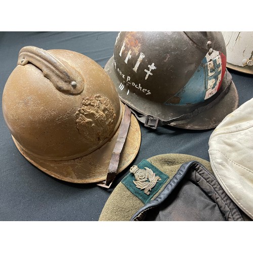 3366 - Reproduction Headgear collection to include: WW1 Russian helmet, WW2 French FFI Helmet, Danzig Polic... 