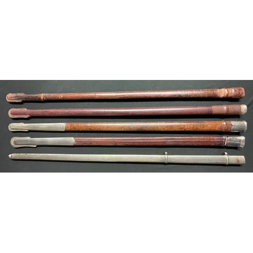 3372 - British Officers Sword Scabbards. 5 in total. 4 leather and 1 all metal. None are maker marked or da... 