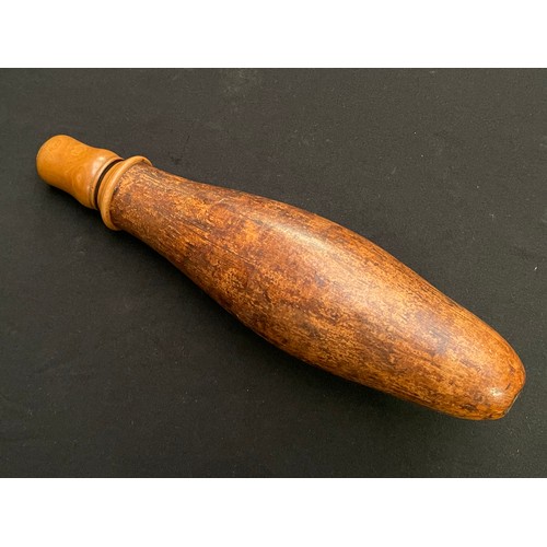 3381 - An unusual 19thC powder flask formed from a gourd, boxwood screwcap and mounts, c.1880. Length appro... 