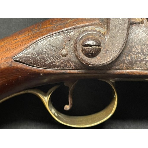 3386 - Percussion cap pistol with 190mm long barrel. Bore approx. 16mm. English Proof marks. Action will mo... 