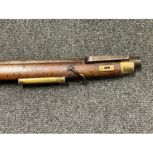 3390 - The major parts of a Brunswick pattern percussion Rifle comprising of barrel and broken stock and tr... 