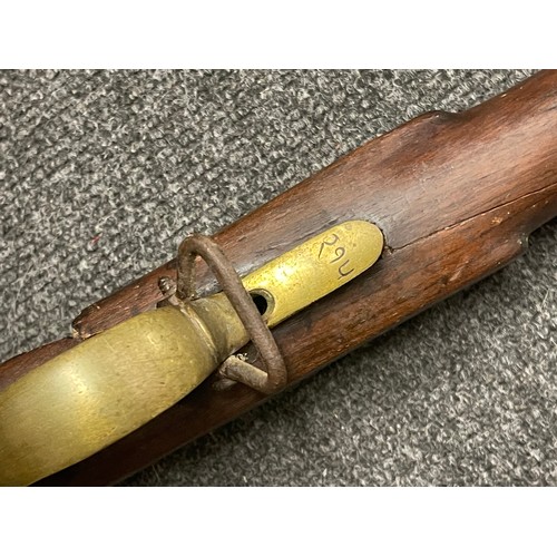 3390 - The major parts of a Brunswick pattern percussion Rifle comprising of barrel and broken stock and tr... 