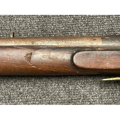 3390 - The major parts of a Brunswick pattern percussion Rifle comprising of barrel and broken stock and tr... 