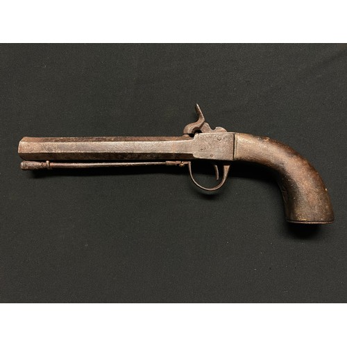 3400 - A 19th century percussion cap pistol, 14.5cm octagonal barrel, walnut stock, 28cm long overall. Acti... 