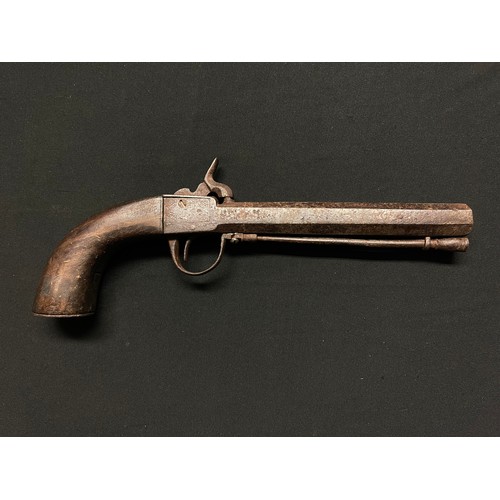 3400 - A 19th century percussion cap pistol, 14.5cm octagonal barrel, walnut stock, 28cm long overall. Acti... 