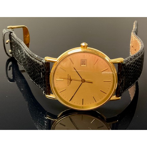 568 - A gentleman's Longines gold plated watch, gilt metal dial, baton indicators, centre seconds, date ap... 