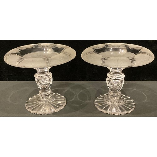 182 - A pair of Irish frosted and clear cut glass pedestal bon-bon dishes, the faceted knop stems with bub... 