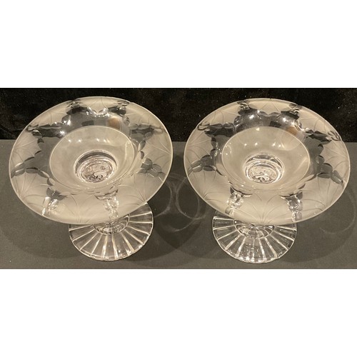 182 - A pair of Irish frosted and clear cut glass pedestal bon-bon dishes, the faceted knop stems with bub... 