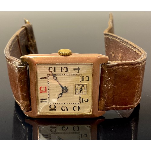 633 - A 9ct rose gold Art Deco watch, square dial, Arabic numerals, subsidiary seconds dial, marked 375, s... 