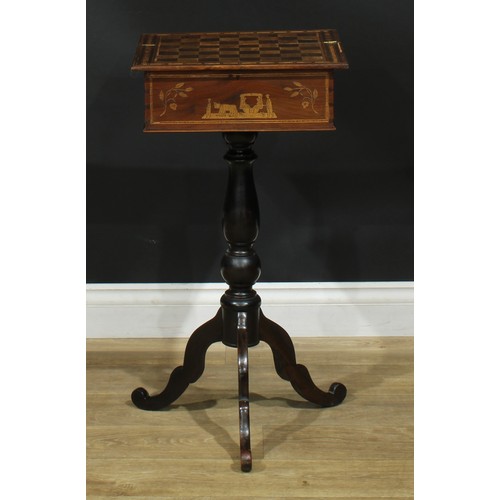 202 - A ‘19th century’ parquetry and marquetry tripod games table, hinged square top inlaid for chess, tur... 