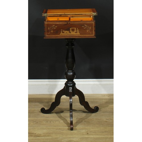 202 - A ‘19th century’ parquetry and marquetry tripod games table, hinged square top inlaid for chess, tur... 