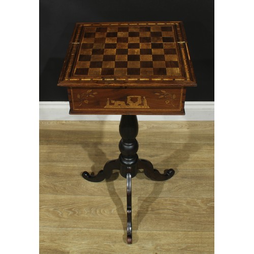 202 - A ‘19th century’ parquetry and marquetry tripod games table, hinged square top inlaid for chess, tur... 