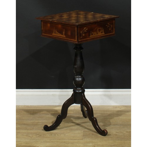 202 - A ‘19th century’ parquetry and marquetry tripod games table, hinged square top inlaid for chess, tur... 