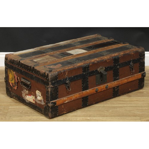 506 - Vintage Luggage - an early 20th century cabin trunk, paper labels for The Cunard Steam-Ship Company ... 