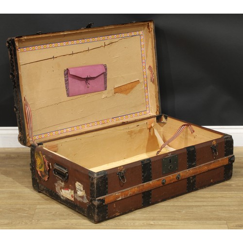 506 - Vintage Luggage - an early 20th century cabin trunk, paper labels for The Cunard Steam-Ship Company ... 