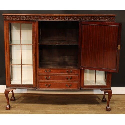 507 - A Chippendale Revival mahogany display side cabinet, blind fretwork frieze, ball and claw feet, 125.... 