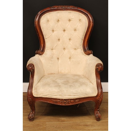 510 - A pair of mahogany drawing room chairs, each with stuffed-over upholstery, cabriole forelegs, 103cm ... 