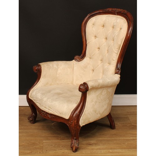 510 - A pair of mahogany drawing room chairs, each with stuffed-over upholstery, cabriole forelegs, 103cm ... 