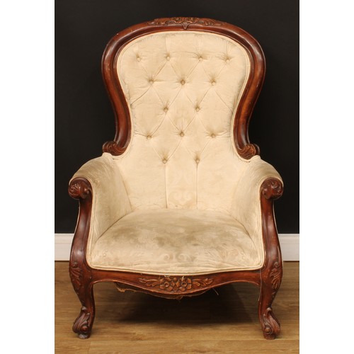 510 - A pair of mahogany drawing room chairs, each with stuffed-over upholstery, cabriole forelegs, 103cm ... 