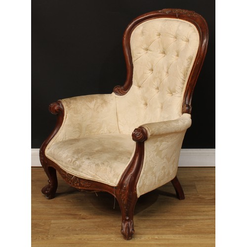 510 - A pair of mahogany drawing room chairs, each with stuffed-over upholstery, cabriole forelegs, 103cm ... 