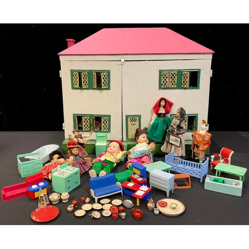 277A - Toys and Juvenalia - a mid 20th century dolls house, 52cm high x 63cm wide, furnished with mid 20th ... 